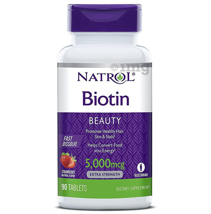 Natrol Biotin 5000mcg Tablet for Healthy Hair, Skin & Nails | Flavour Strawberry