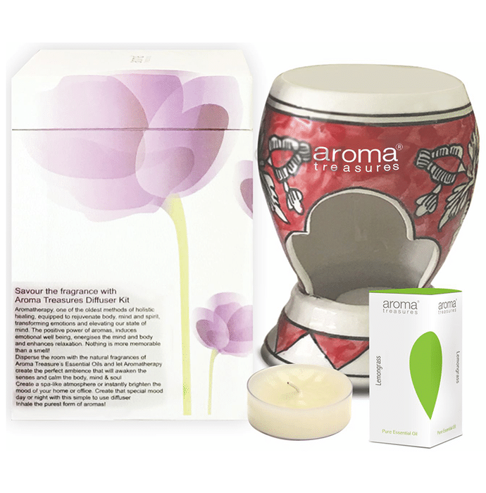 Aroma Treasures Candle Ceramic Diffuser (With 2 Candles and 1 Bottle of 10ml Lemongrass Pure Essential Oil)