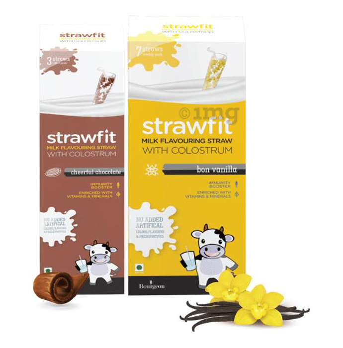 Strawfit Milk Flavouring Straw with Colostrum Cheerful Chocolate & Bon Vanilla Pack 3+7