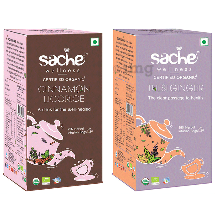Sache Wellness Combo Pack of Organic Cinnamon Licorice 25 Herbal Infusion Bags & Tulsi Ginger 25 Herbal Infusion Bags