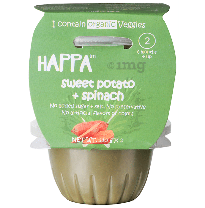 Happa Organic Puree Baby Food for 6 Months+, Stage-2, 110g Each Pack Sweet Potato & Spinach
