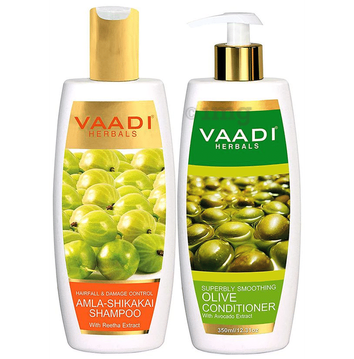 Vaadi Herbals Amla Shikakai Shampoo - Hairfall & Damage Control with Olive Conditioner(350ml Each)