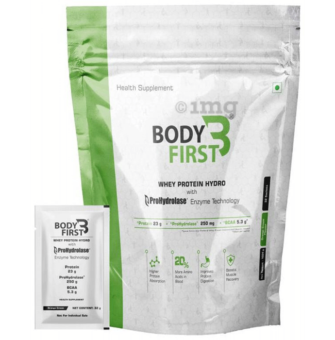 Body First Whey Protein Hydro with Prohydrolase Enzyme Technology Sachet (32gm Each) Orange Cream