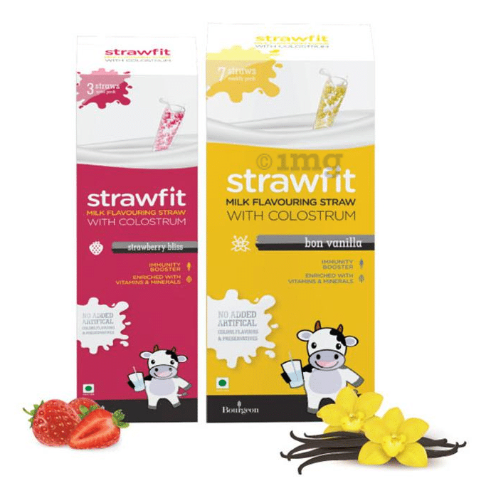 Strawfit Milk Flavouring Straw with Colostrum Strawberry Bliss & Bon Vanilla Pack 3+7