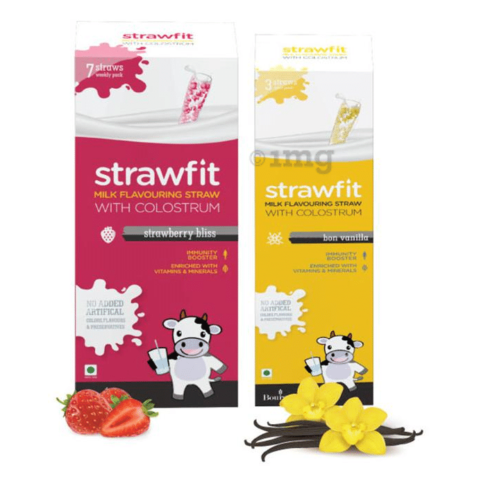 Strawfit Milk Flavouring Straw with Colostrum Strawberry Bliss & Bon Vanilla Pack 7+3