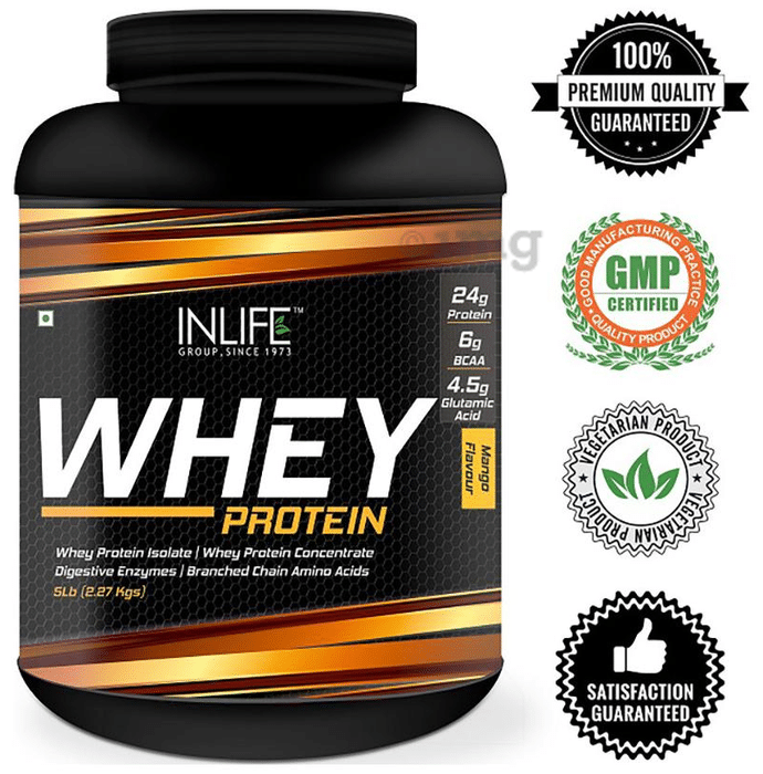 Inlife Whey Protein Powder | With Digestive Enzymes for Muscle Growth | Flavour Mango