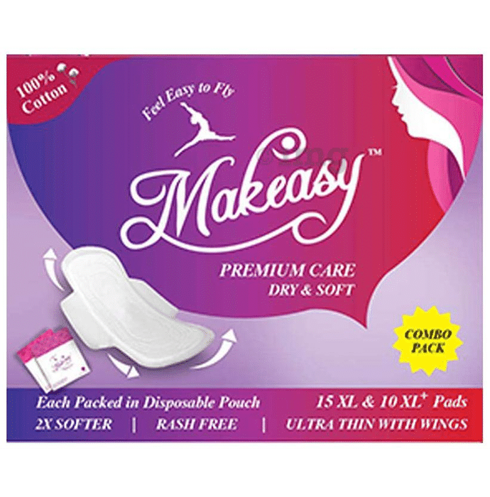 Makeasy Combo Pack of Premium Care Dry & Soft Sanitary Pads with Disposable Pouch (15XL & 10XL+)
