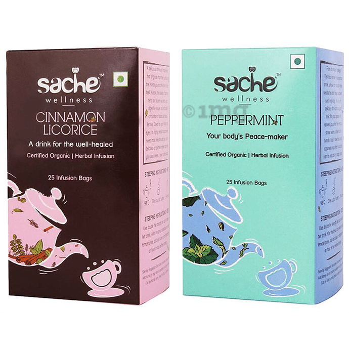 Sache Wellness Combo Pack of 25 Organic Cinnamon Licorice Infusion Bags and 25 Peppermint Infusion Bags