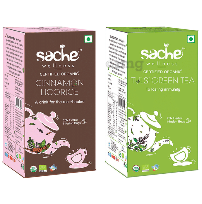 Sache Wellness Combo Pack of Organic Cinnamon Licorice Infusion Bags & Tulsi Green Tea Infusion Bags (25 Each)