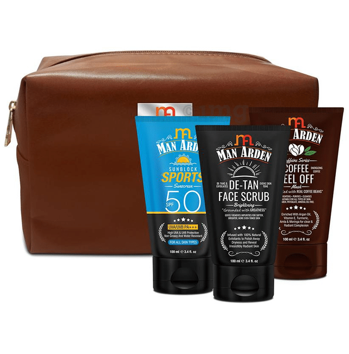 Man Arden Sunlit Grooming Combo (Coffee Peel Off, SPF50 Sunblock Sports Sunscreen and De-Tan Face Scrub 100ml Each) with Pouch