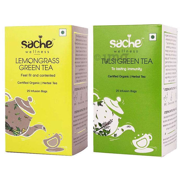 Sache Wellness Combo Pack of Organic Lemongrass Green Tea 25 Infusion Bags & Tulsi Green Tea 25 Infusion Bags