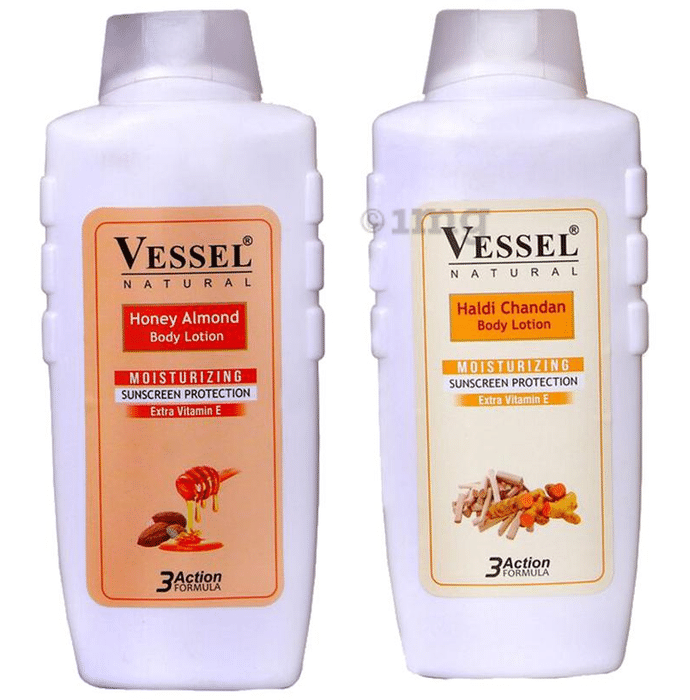 Vessel Combo Pack of Natural Moisturizing Body Lotion with Sunscreen Protection Haldi Chandan and Honey (650ml Each)