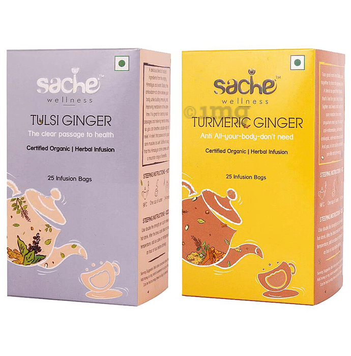 Sache Wellness Combo Pack of Organic Tulsi Ginger 25 Infusion Bags & Turmeric Ginger 25 Infusion Bags
