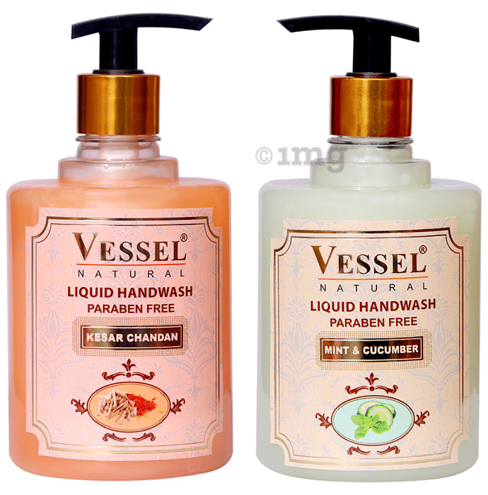 Vessel Combo Pack of Natural Paraben Free Premium Liquid Handwash Mint Cucumber and Kesar Chandan (500ml Each)