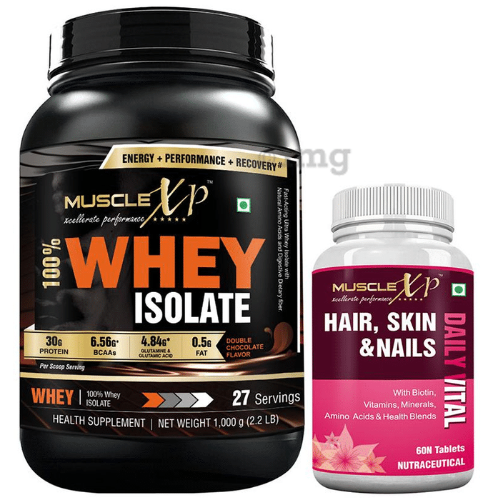 MuscleXP 100% Whey Isolate  1Kg, Double Chocolate with MuscleXP Hair, Skin & Nails Advanced Multivitamin 60 Tablets