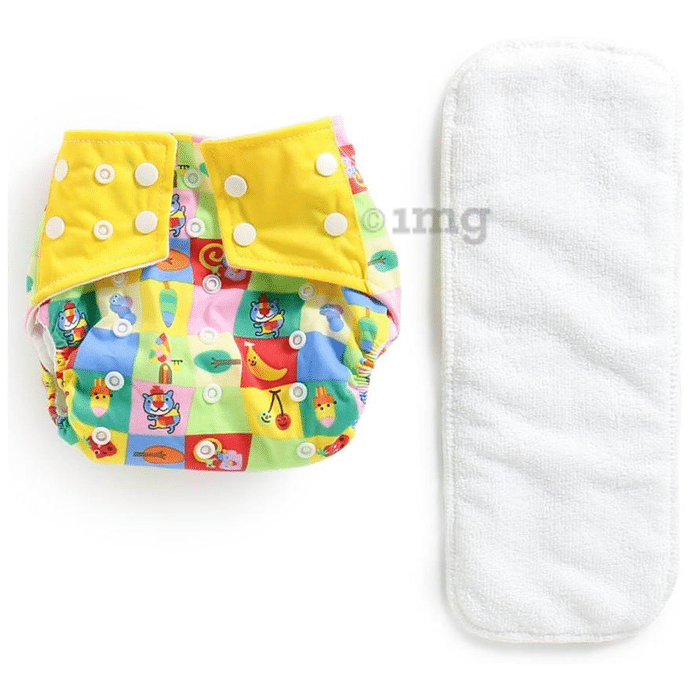 Polka Tots Yellow Reusable & Washable White Cloth Diaper with 1 Diaper Liner and Size Adjustable Snap Buttons
