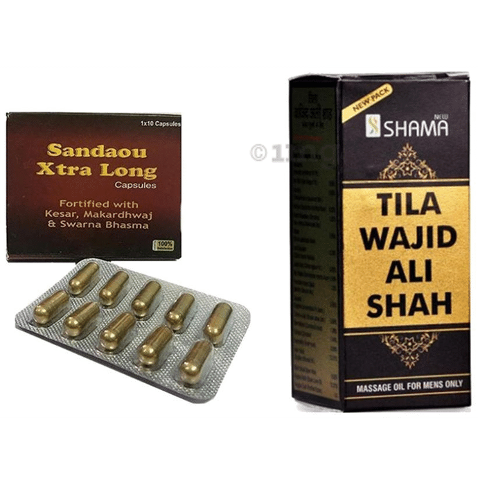 Cackle's Combo Pack of Sandaou Xtra Long 10 Capsule and Tila Wajid Ali Shah Massage Oil