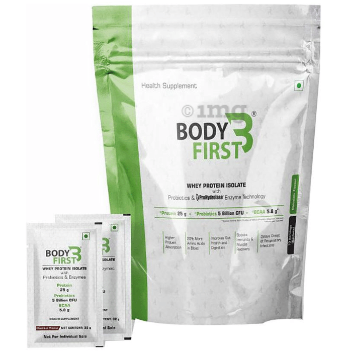 Body First Whey Protein Isolate with Probiotics and Prohydrolase Enzyme Technology (32gm Each) Chocolate