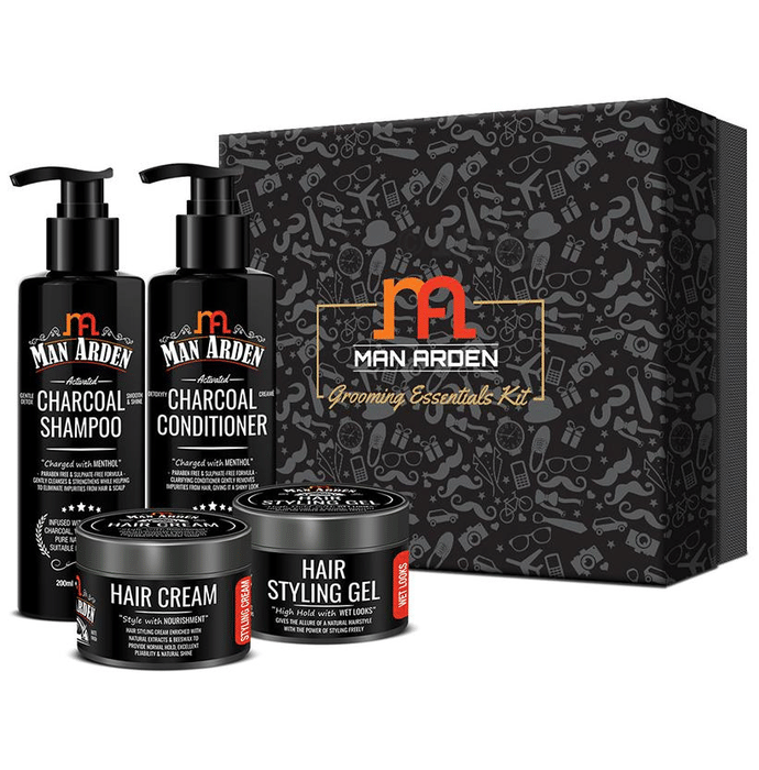 Man Arden Grooming Essential Kit (Activated Charcoal Shampoo, Conditioner (200ml Each), Hair Styling Gel & Cream (50gm Each)