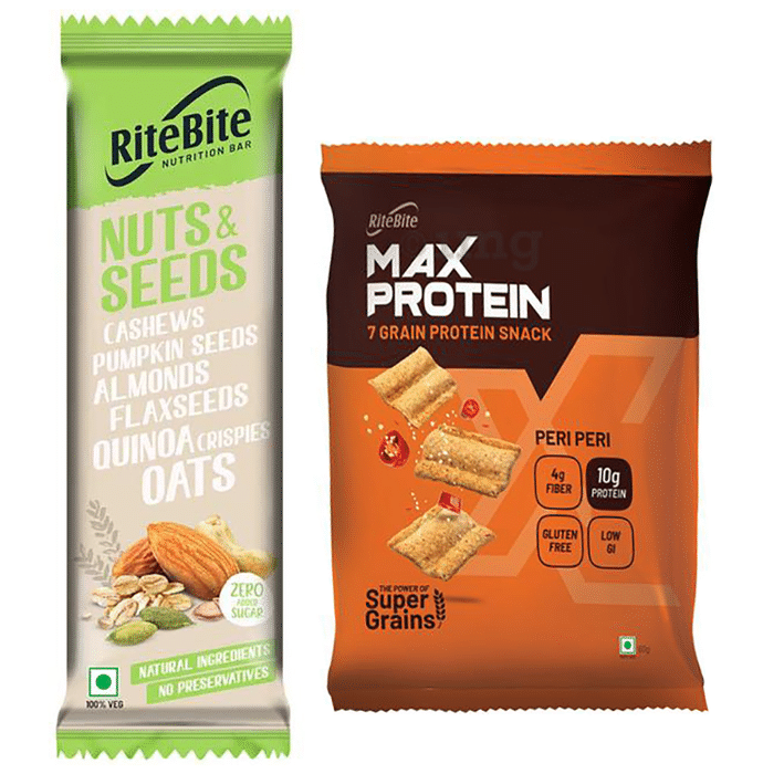 RiteBite Nuts & Seeds Bar 35gm with Max Protein Peri Peri 60gm Chips Free