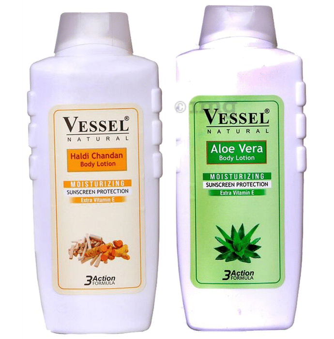 Vessel Combo Pack of Natural Moisturizing Body Lotion with Sunscreen Protection Aloe Vera & Haldi Chandan (650ml Each)