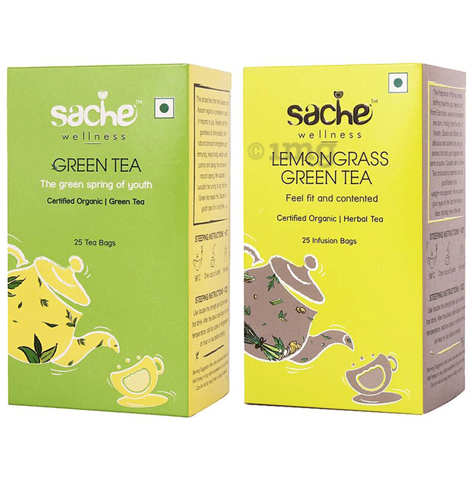 Sache Wellness Combo Pack of Organic Green Tea 25 Tea Bags & Lemongrass Green Tea 25 Infusion Bags