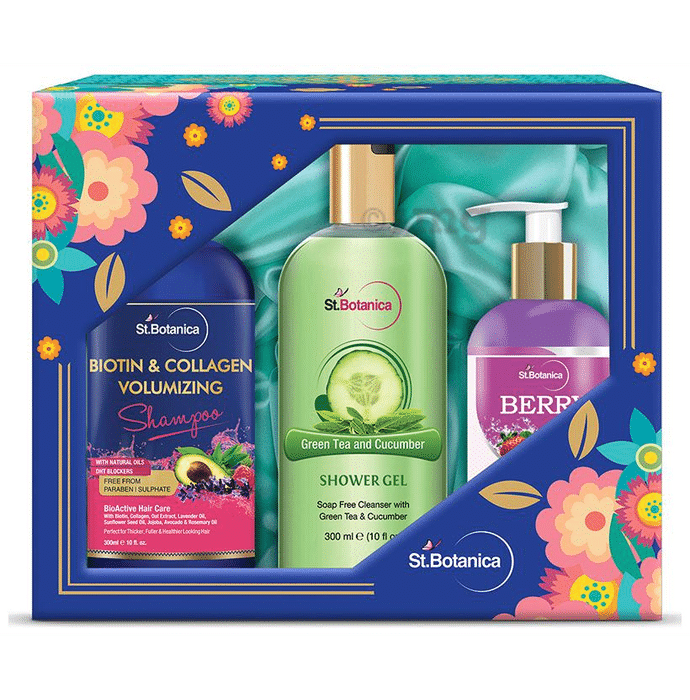 St.Botanica Body Kit (Biotin & Collagen Volumizing Shampoo + Green Tea and Cucumber Shower Gel + Berry Cleanser)