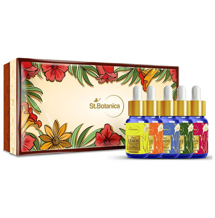 St.Botanica Essential Oils Kit (15ml Each) Pure Lemon + Orange + Jasmine + Vetiver + Geranium