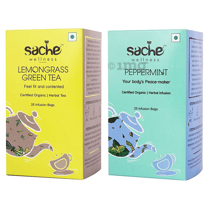 Sache Wellness Combo Pack of Organic Lemongrass Green 25 Tea Infusion Bags & Peppermint 25 Infusion Bags