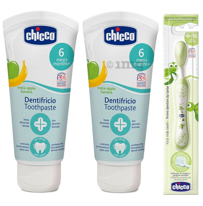 Chicco Dentifricio Toothpaste 6M+ with Green Toothbrush Mela Apple Banana