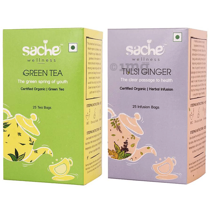 Sache Wellness Combo Pack of Organic Green Tea 25 Tea Bags & Tulsi Ginger 25 Infusion Bags