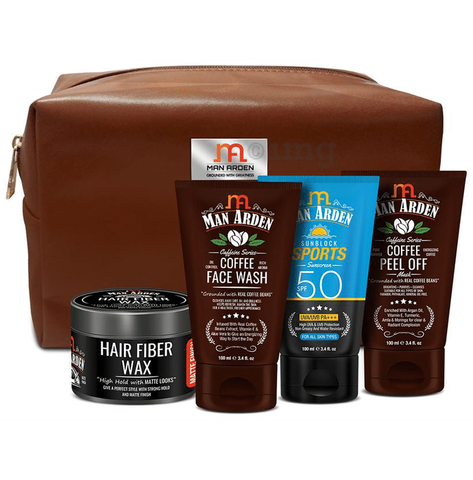 Man Arden Eccentric Grooming Combo (Hair Fibre Wax 50gm, Coffee Face Wash, Coffee Peel Off Mask and SPF50 Sports Sunblock Sunscreen 100ml Each) with Pouch
