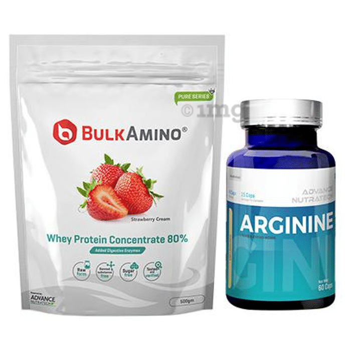 Advance Nutratech Combo of BulkAmino Whey Protein Concentrate 80% Strawberry Cream 500gm Supplement Powder and Arginine Aminos Pre-Workout 60 Capsules