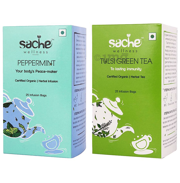Sache Wellness Combo Pack of Organic Peppermint 25 Infusion Bags & Tulsi Green Tea 25 Infusion Bags