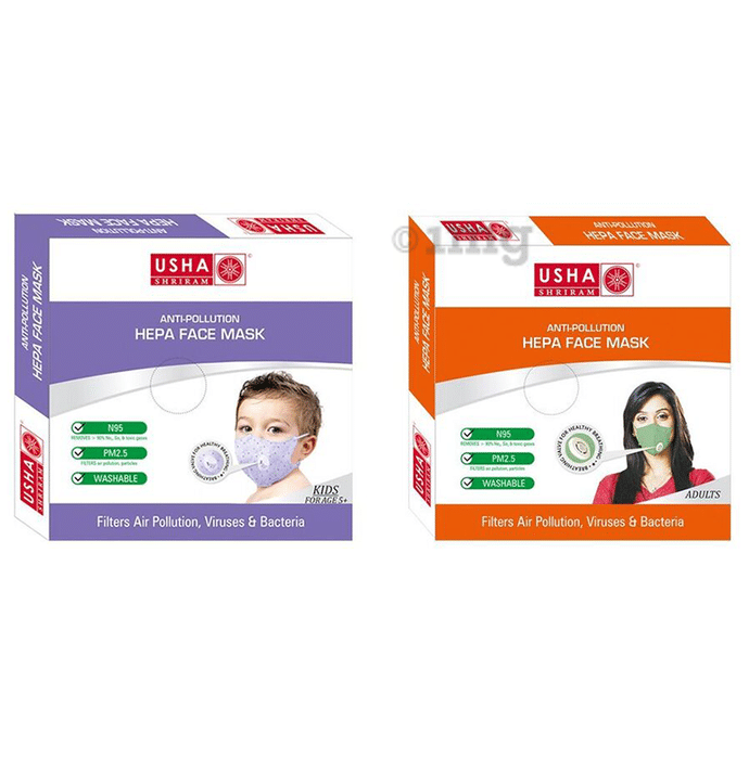 Usha Shriram Combo Pack of N95 Anti Pollution HEPA Face Mask for Adults and Kids (1+1)