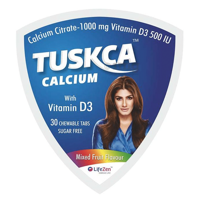 Tuskca Calcium with Vitamin D3 (500 IU) | Sugar Free | Flavour Mixed Fruit Chewable Tablet