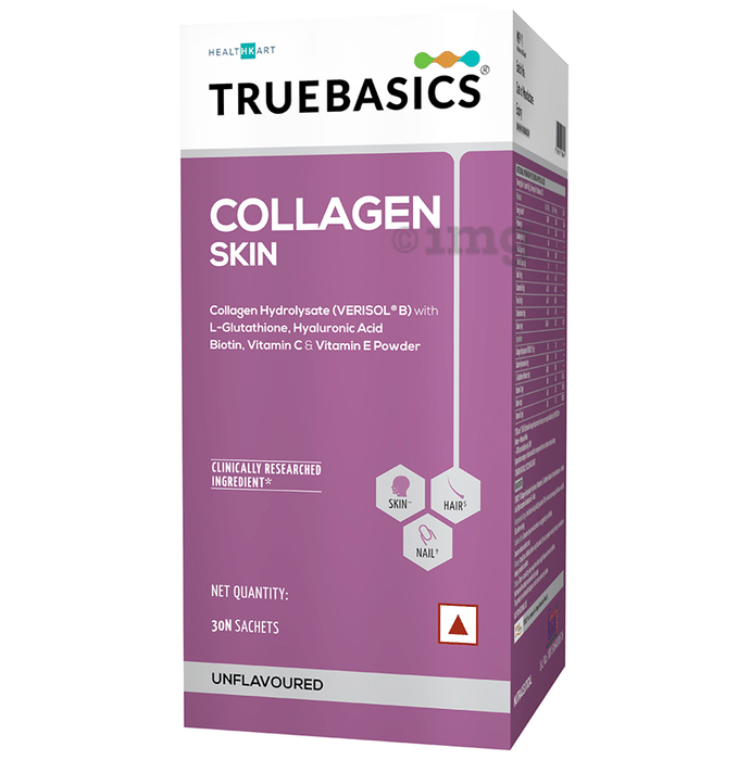 TrueBasics Collagen Skin | With L-Glutathione, Hyaluronic Acid & Biotin | Sachet for Healthy Skin, Hair & Nails Unflavored