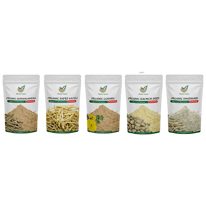 Mewar Impex Combo Pack of Organic Safed Musli Powder, Organic Ashwagandha Powder, Organic Kaunch Seed Powder, Organic Gokhru Powder & Organic Shatavari Powder (100gm Each)