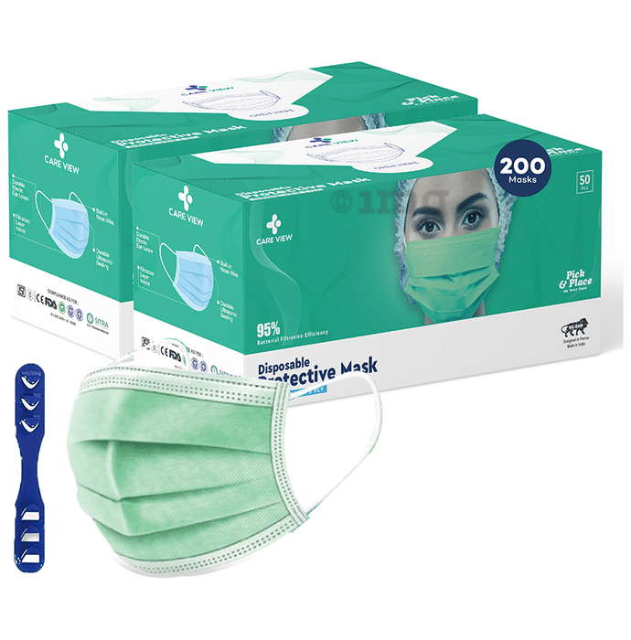 Care View 3 Ply Disposable Surgical Mask with Built In Metal Nose Pin and 1 Melt Blown Layer (50 Each) Green