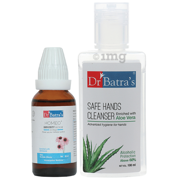 Dr Batra's Combo Pack of Homeo+ Immunity Medicine Oral Drops 30ml and Safe Hands Cleanser 100ml