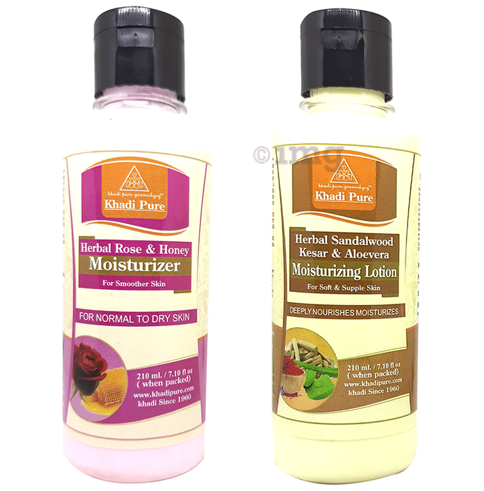 Khadi Pure Combo Pack of Herbal Rose & Honey Moisturizer & Herbal Sandalwood Kesar & Aloevera Lotion (210ml Each)