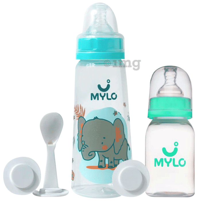 Mylo 2 In 1 BPA Free with Anti-Colic Nipple & Spoon Baby Feeding Bottle (125ml & 250 ml) Sea Green & Elephant