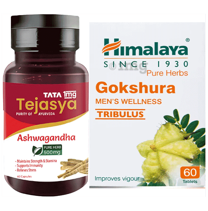Combo Pack of Tata 1mg Tejasya Ashwagandha Capsule 500mg (60) & Himalaya Wellness Pure Herbs Gokshura Tablet (60)
