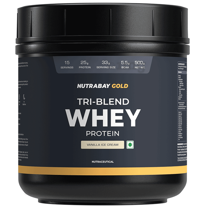 Nutrabay Gold Tri-Blend Whey Protein for Muscle Recovery & Immunity | No Added Sugar | Flavour Vanilla Icecream