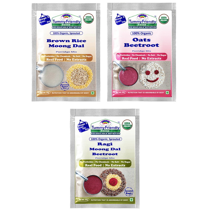 TummyFriendly Foods Stage1 Sprouted Porridge Mixes Trial Packs Sprouted Ragi, Sprouted Brown Rice and Oats (50gm Each)