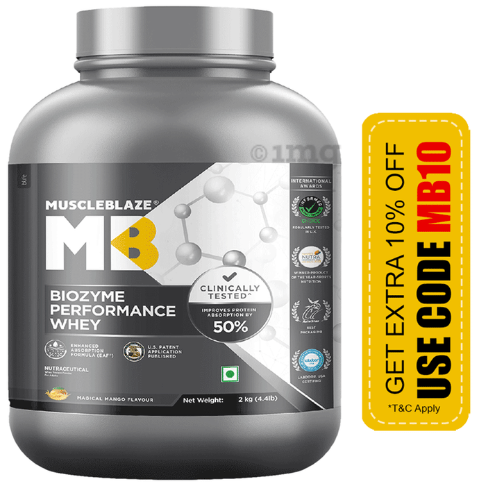 MuscleBlaze Biozyme Performance Whey Protein | For Muscle Gain | Improves Protein Absorption by 50% | Flavour Powder Magical Mango
