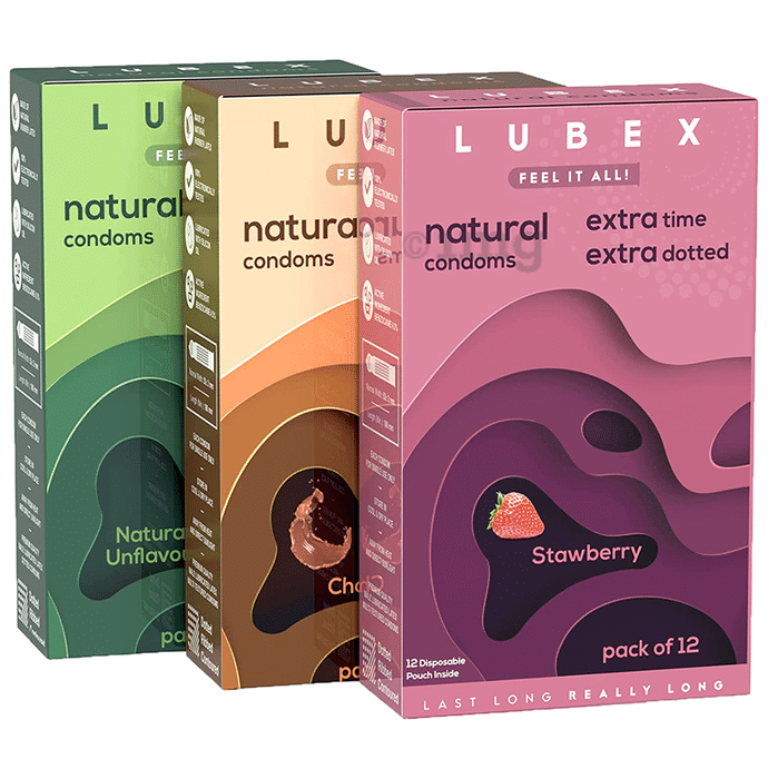 Lubex Combo Pack of Long Lasting Condom with Disposable Bags (12 Each) Strawberry, Chocolate & Natural Unflavoured