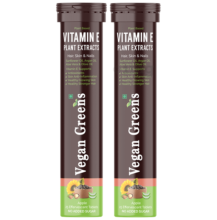 Vegan Greens Plant Based Vitamin E Plant Extracts Hair, Skin & Nails Effervescent Tablets (25 Each) Apple