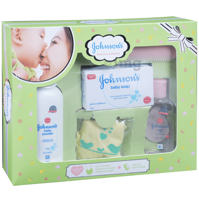 Johnson's Baby Care Collection Gift Box with Organic Cotton Bib & Baby Comb - 5 Gift Items
