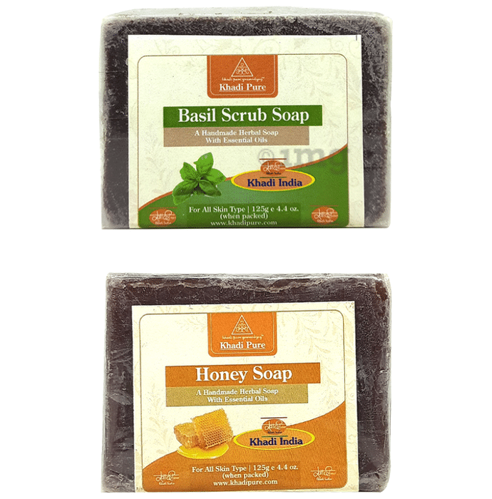 Khadi Pure Combo Pack of Basil Scrub Soap & Honey Soap (125gm Each)